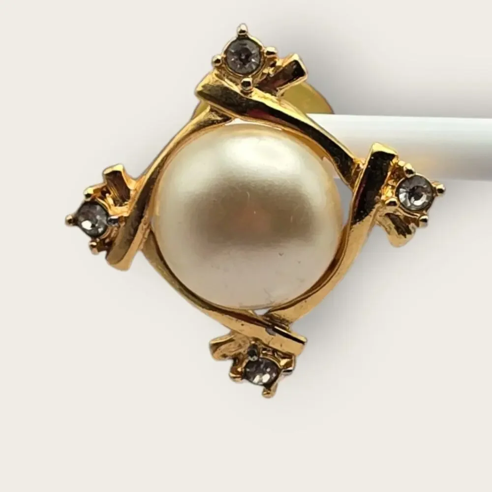 Faux Pearl & Rhinestone Gold Vintage Earrings - Classic Romantic